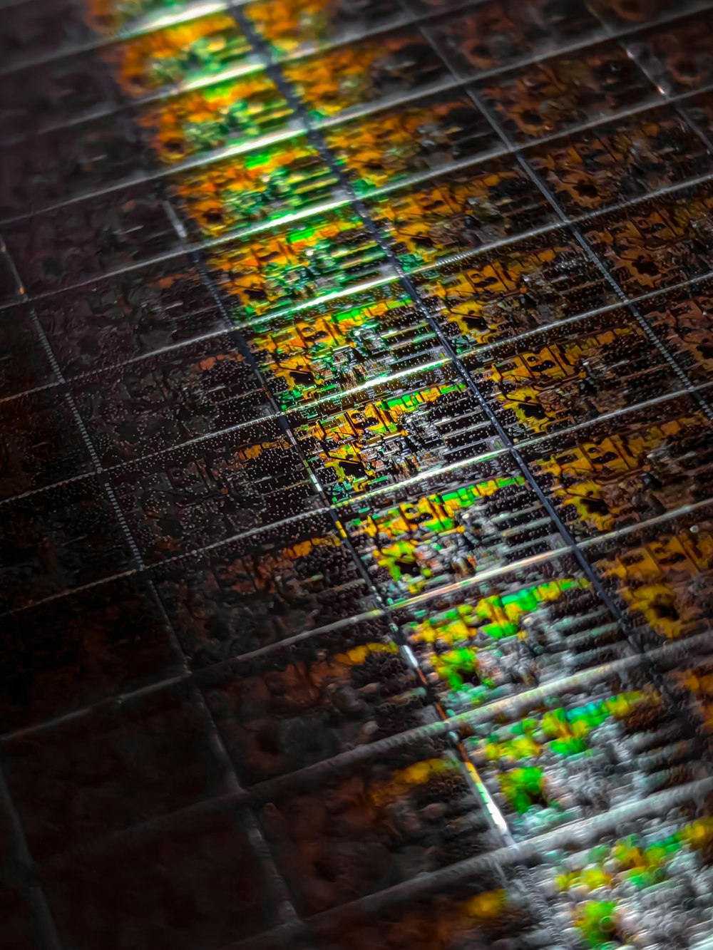 a close up of a metal grate with green and yellow dots