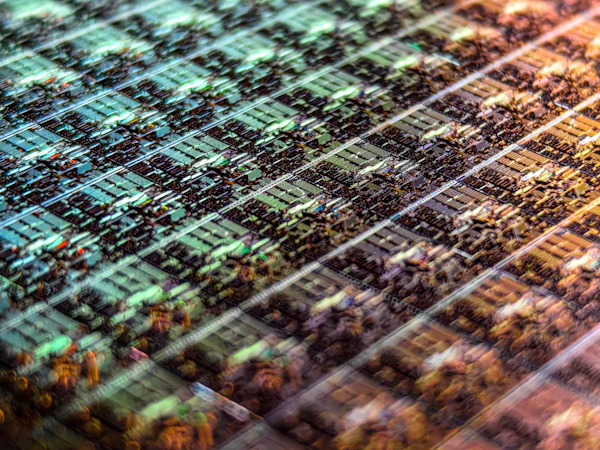 Macro view of patterned dies across a silicon wafer