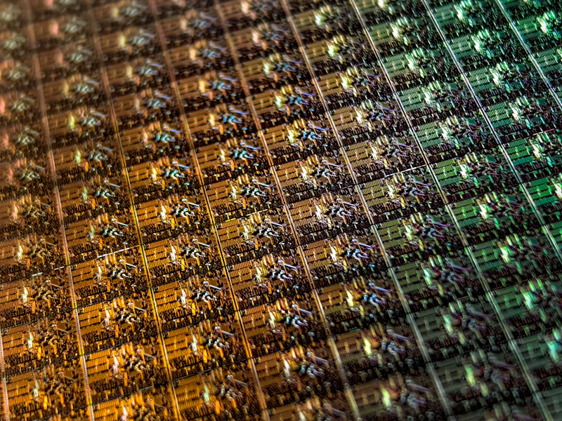 Rows of chip dies on a wafer in warm light