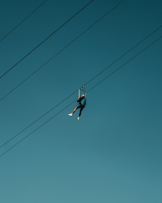 A person wearing a helmet and harness is zip lining across clear blue skies, suspended by cables.