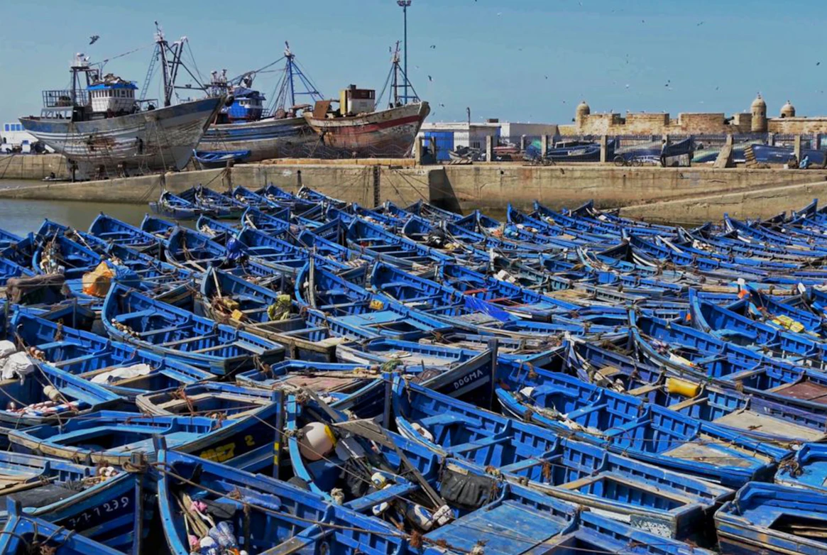 Blue fishing boats in the port of Essaouira