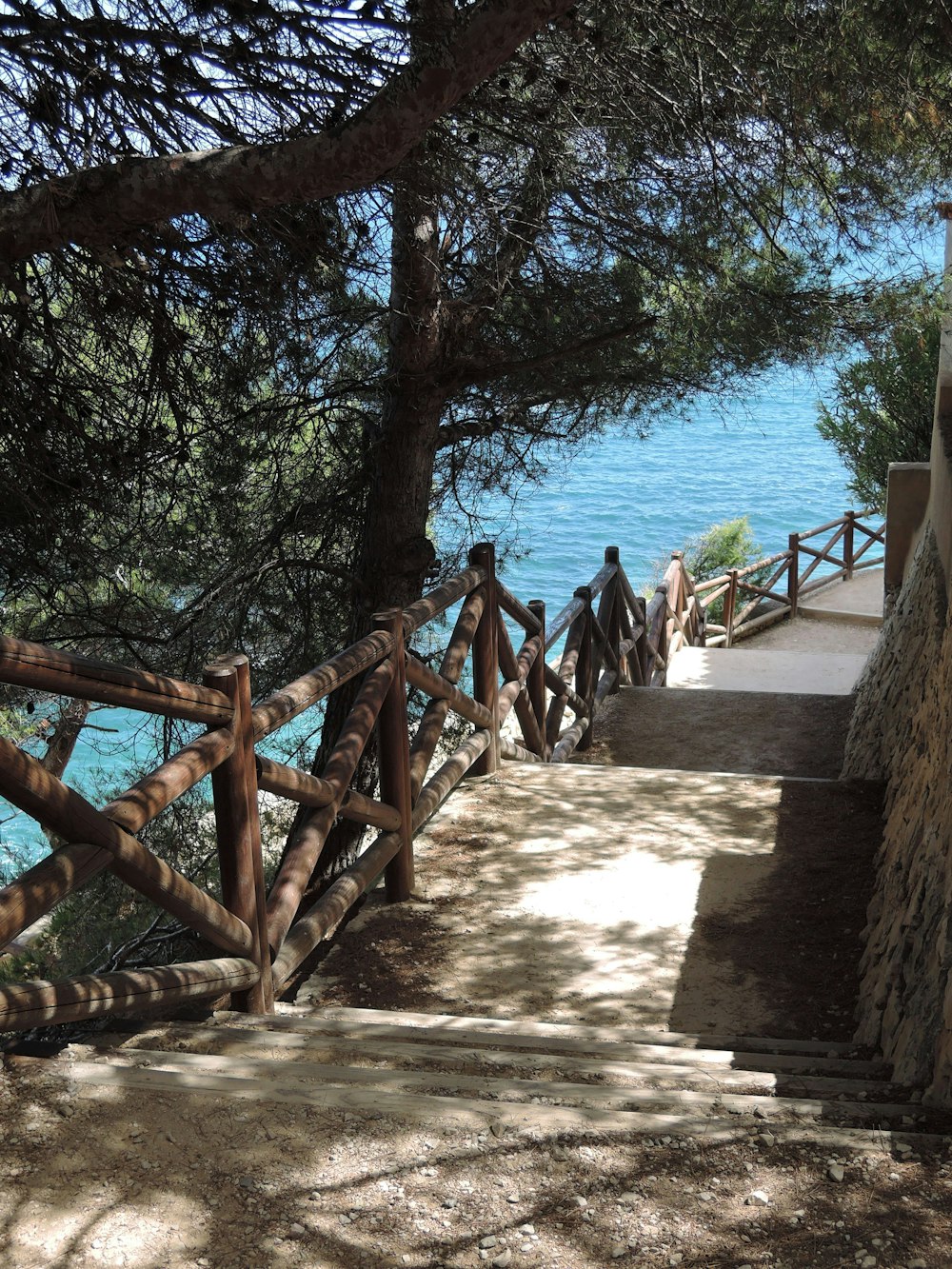 a group of people walking up a set of stairs next to a body of water