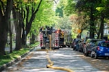 a fire truck parked on the side of a road