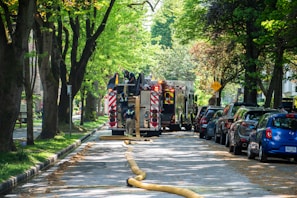 a fire truck parked on the side of a road