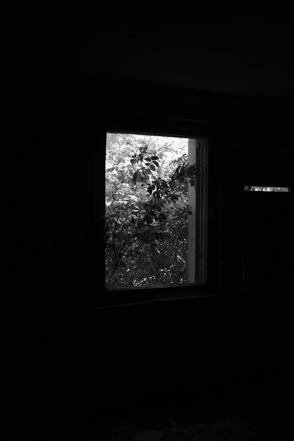 a black and white photo of a window in a dark room