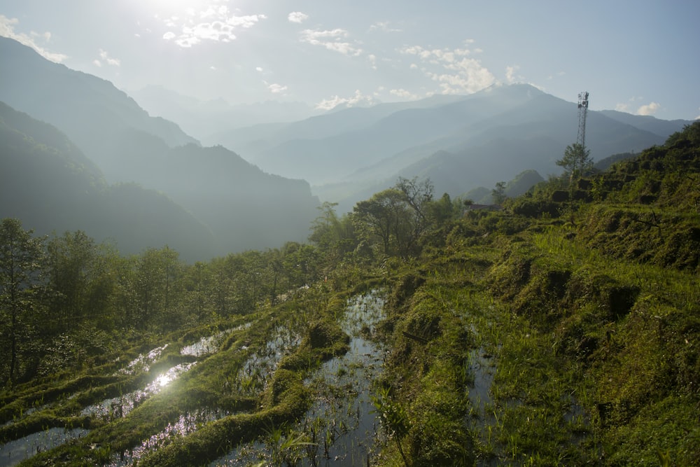 the sun shines brightly on a mountain valley