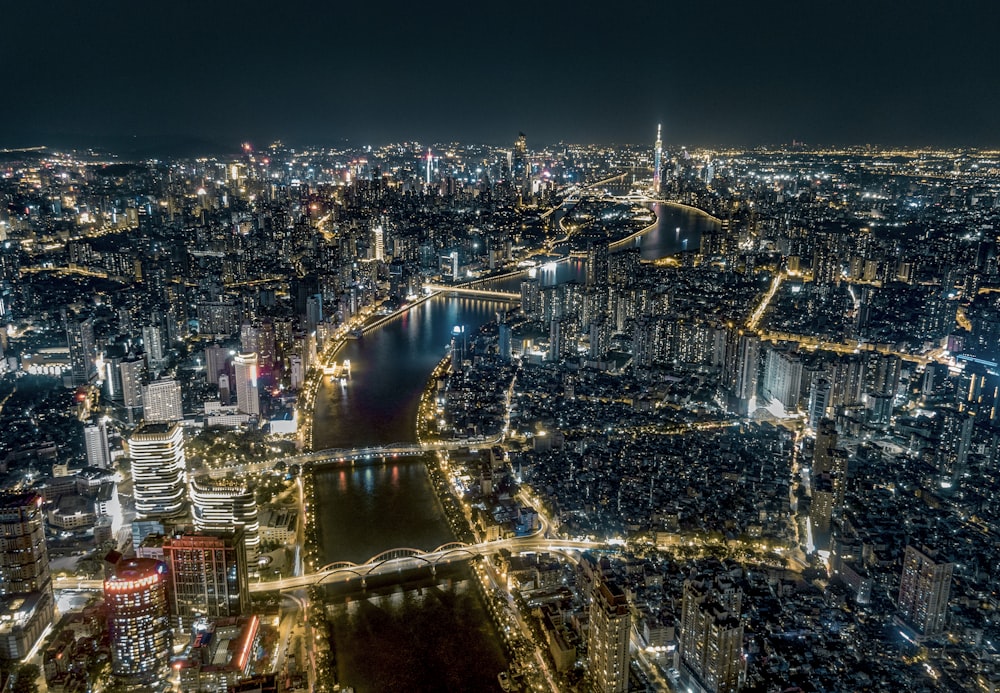 an aerial view of a city at night