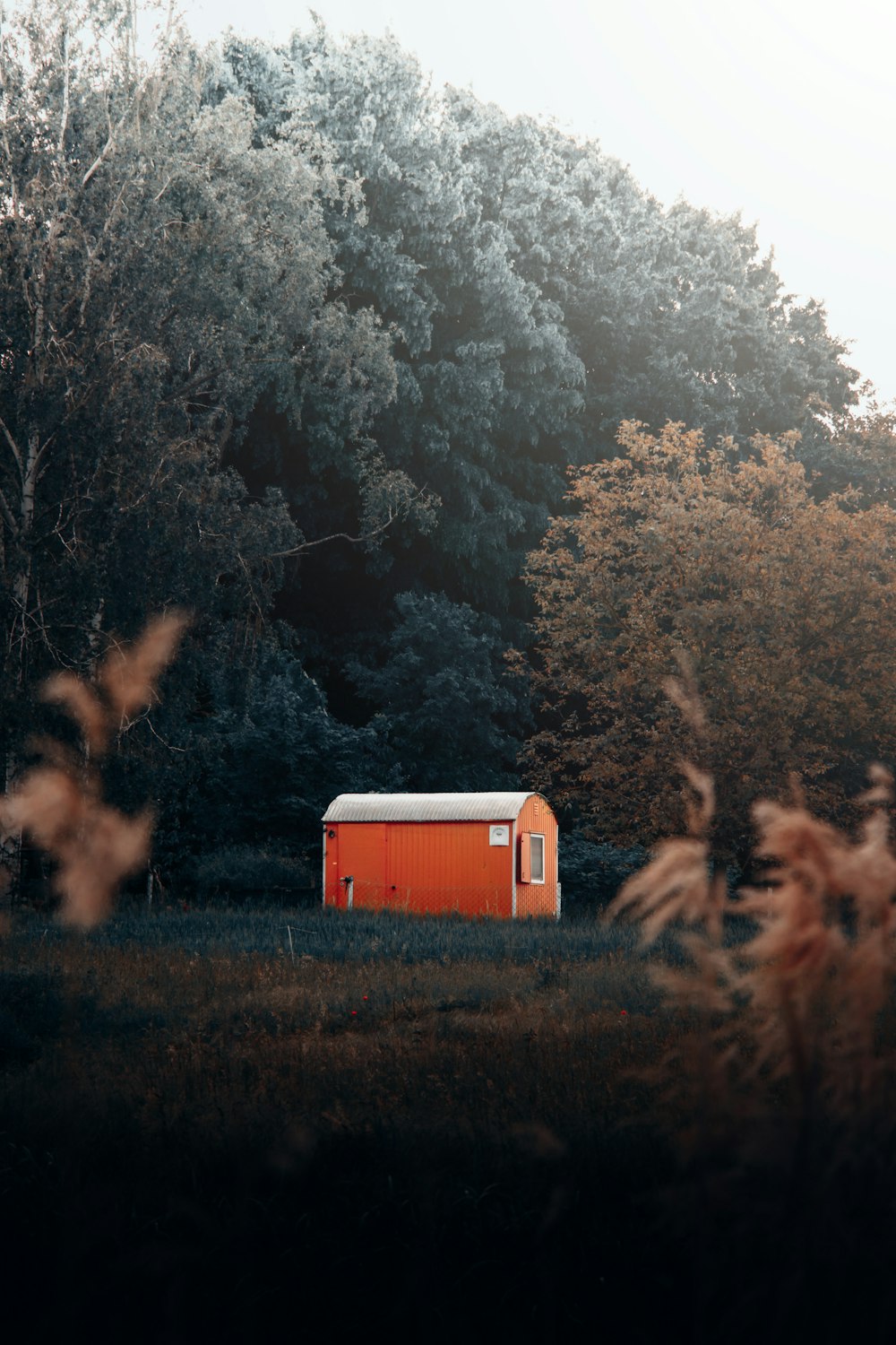 a small orange building in a field with trees in the background