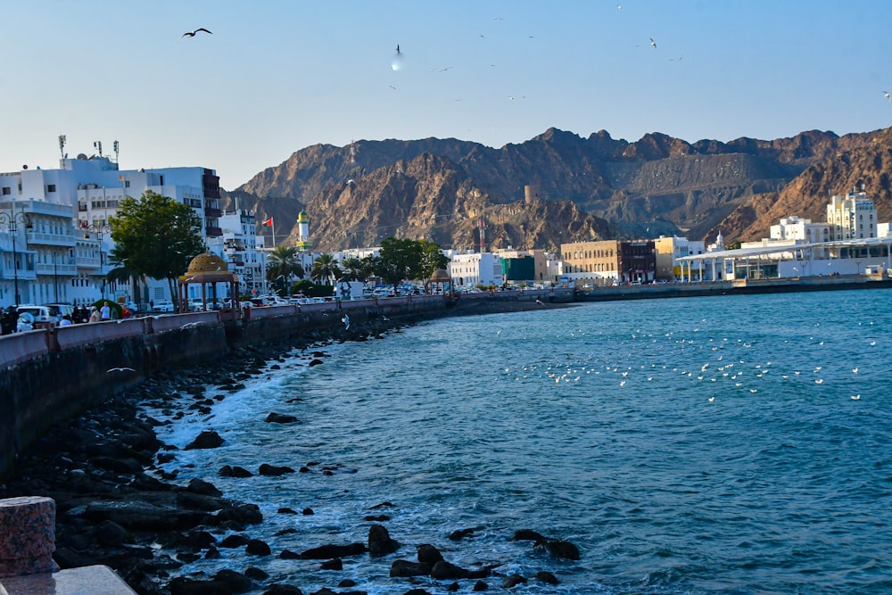 a body of water with a mountain in the background