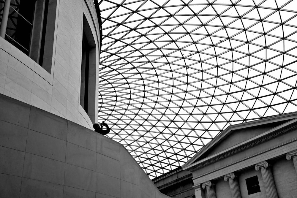 a black and white photo of a glass roof