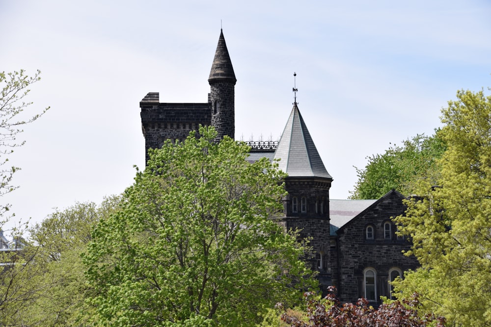 a church with a steeple surrounded by trees