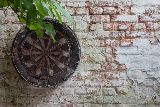 A dartboard is mounted on an old, weathered brick wall with peeling white paint. Above the dartboard, there are green leaves hanging down, suggesting an outdoor location or a place close to nature. The dartboard shows visible wear, indicating frequent use.