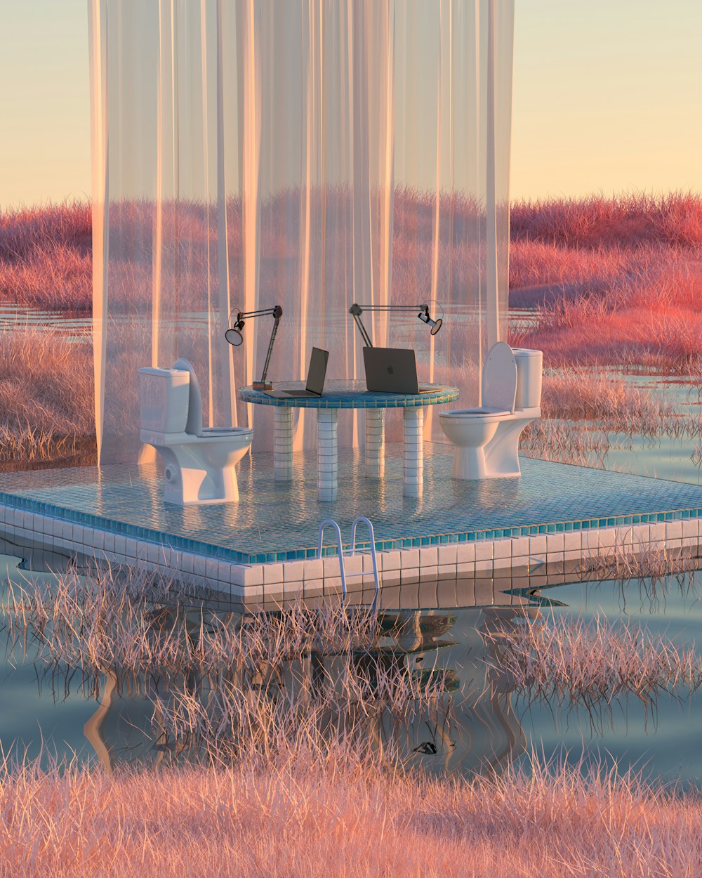 an artistic rendering of a pool with chairs and a table