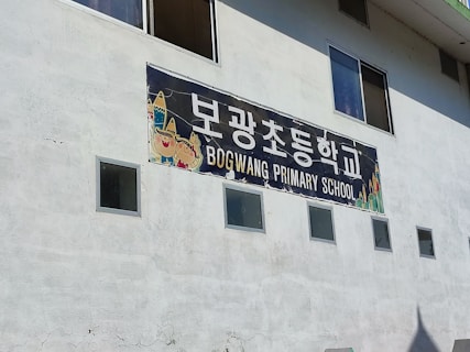 A weathered building facade with a large sign in Korean and English, reading 'Bogwang Primary School'. The sign is adorned with colorful, cartoon-like characters in traditional attire. There are several small, square windows beneath the sign and two larger windows above it.