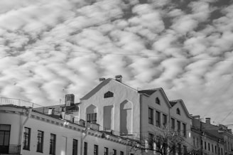 A black and white photograph capturing a series of historic buildings with intricate architectural details, set against a sky filled with soft, wavy clouds. Power lines intersect the sky, adding a touch of urban life to the scene.
