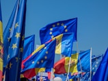 A collection of blue flags, prominently featuring the European Union star circle design, amidst others, some of which incorporate red and yellow with a central coat of arms. The flags are waving together under a clear blue sky.