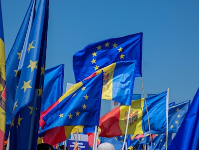 Close-up of European country flags gently waving with a soft motion effect.