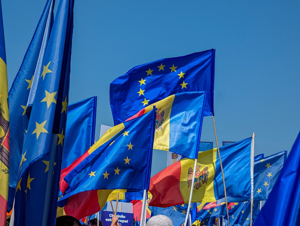 a bunch of flags that are flying in the air