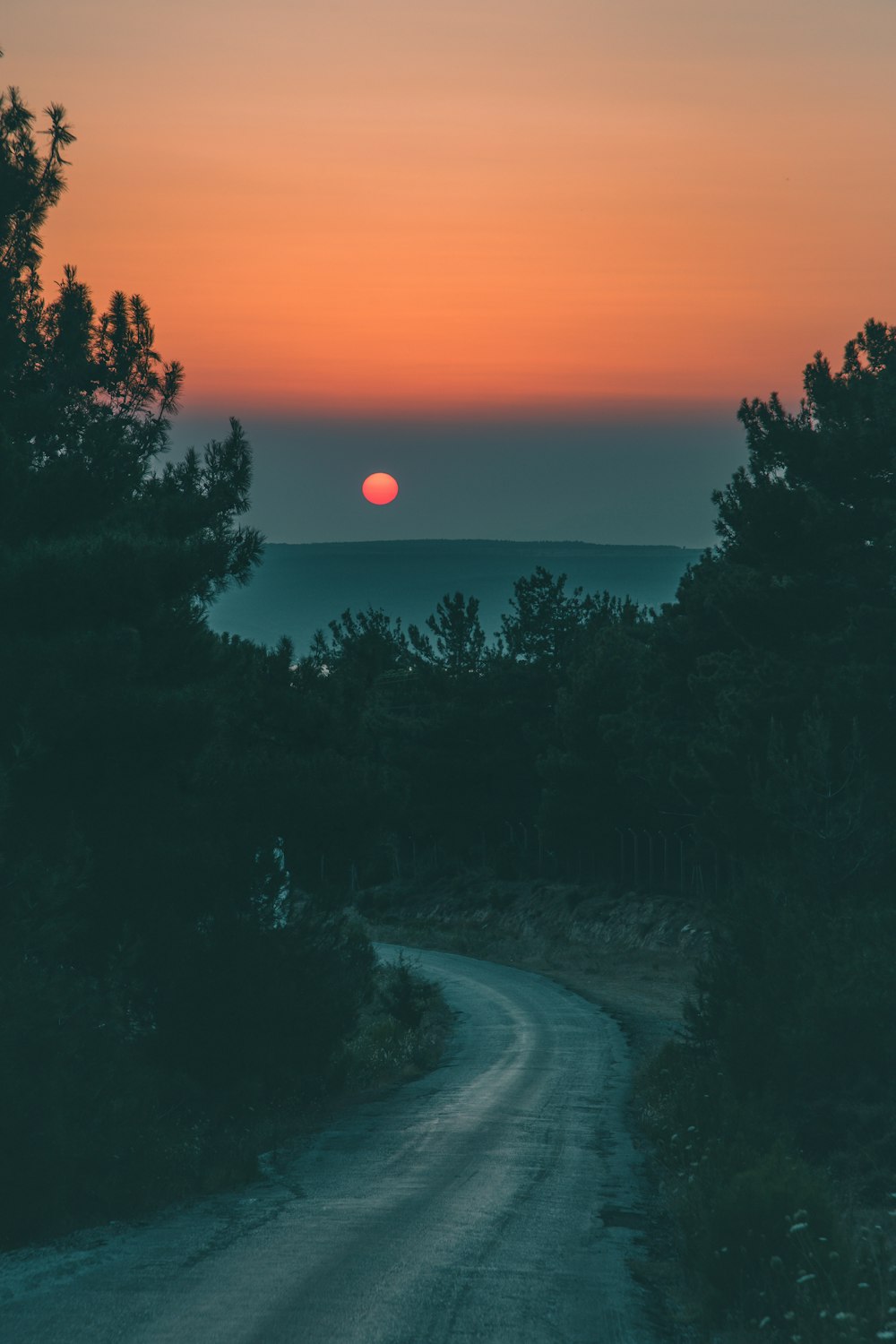 the sun is setting over a dirt road