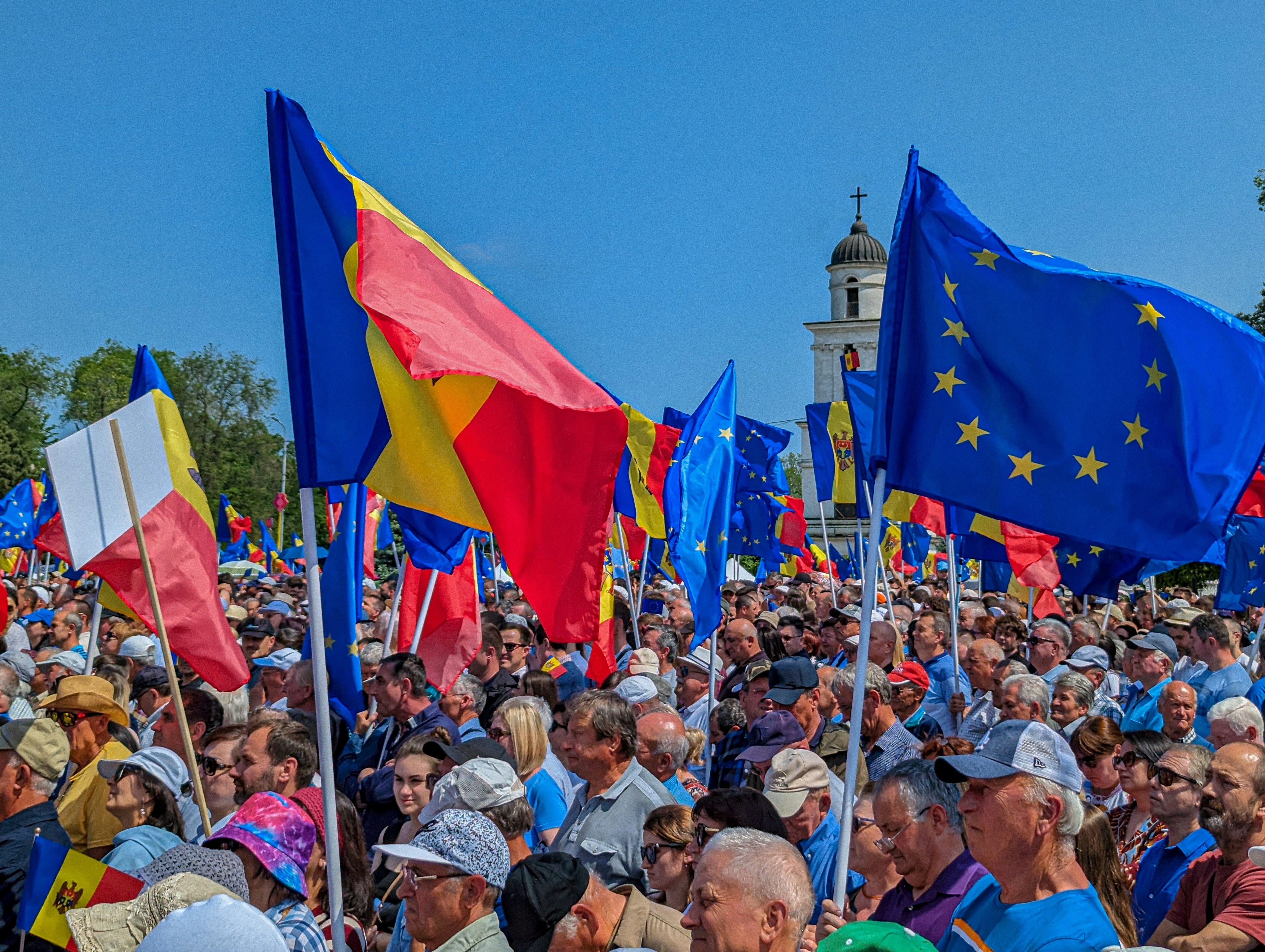 Romania and EU flag in a protest 