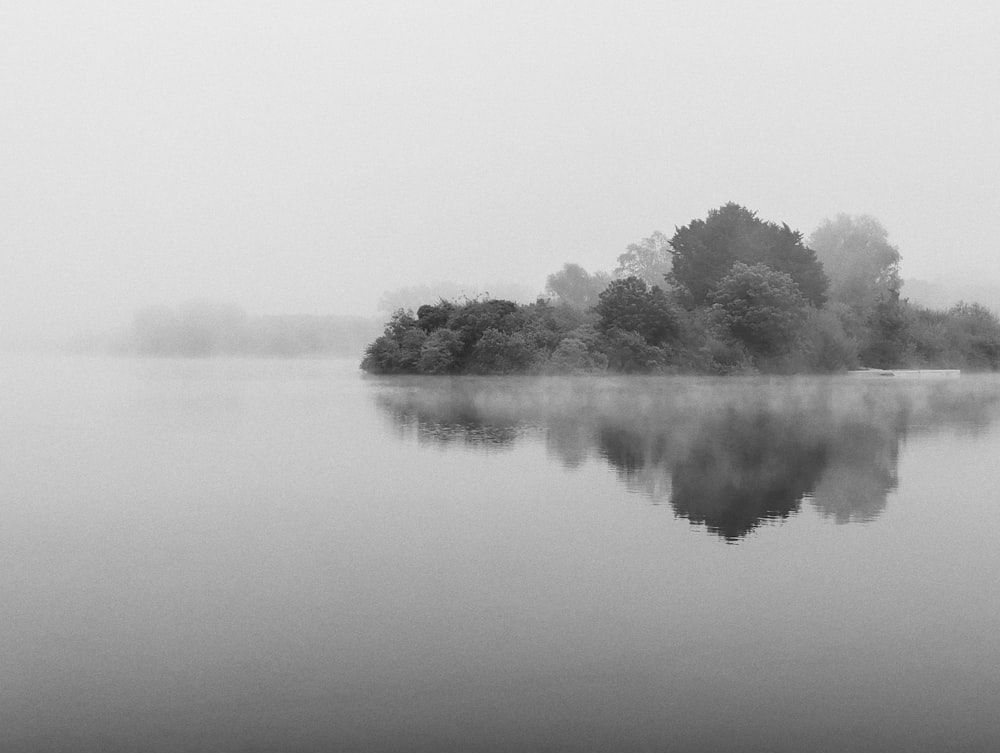 a black and white photo of a foggy lake