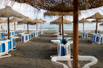 A beach scene with straw umbrellas evenly spaced in rows on a sandy shore. The sun loungers are stacked and placed beneath each umbrella, while gentle waves can be seen in the background along with a hint of the blue sea.
