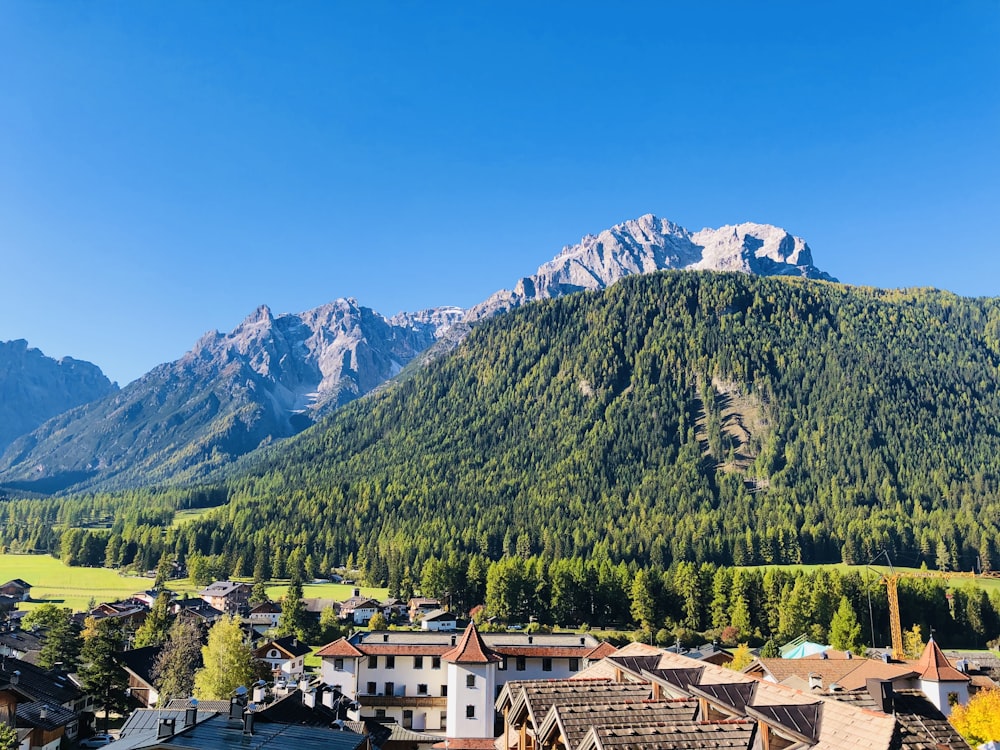 a town with mountains in the background