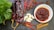 A variety of ingredients are artfully arranged on a dark slate surface. There are dried red chili peppers, garlic cloves, star anise, and cinnamon sticks surrounding a white bowl filled with a chunky red sauce. A lush green leaf adds a splash of color on the left side.