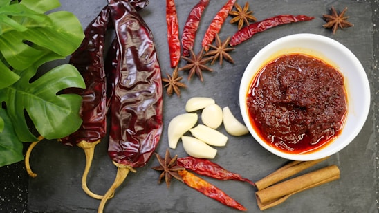 A variety of ingredients are artfully arranged on a dark slate surface. There are dried red chili peppers, garlic cloves, star anise, and cinnamon sticks surrounding a white bowl filled with a chunky red sauce. A lush green leaf adds a splash of color on the left side.