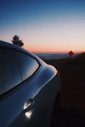 A sleek car parked on a scenic road during sunset.