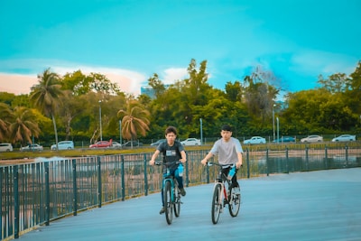 Two young individuals are cycling on a broad pathway, with one of them wearing a black shirt and the other a light gray shirt. The background features lush green trees and a clear blue sky. A few cars can be seen driving along a road in the distance, partially obscured by palm trees.