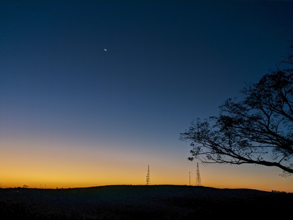 the sun is setting over a hill with a tree in the foreground