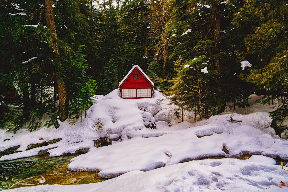 a red cabin in the middle of a snowy forest