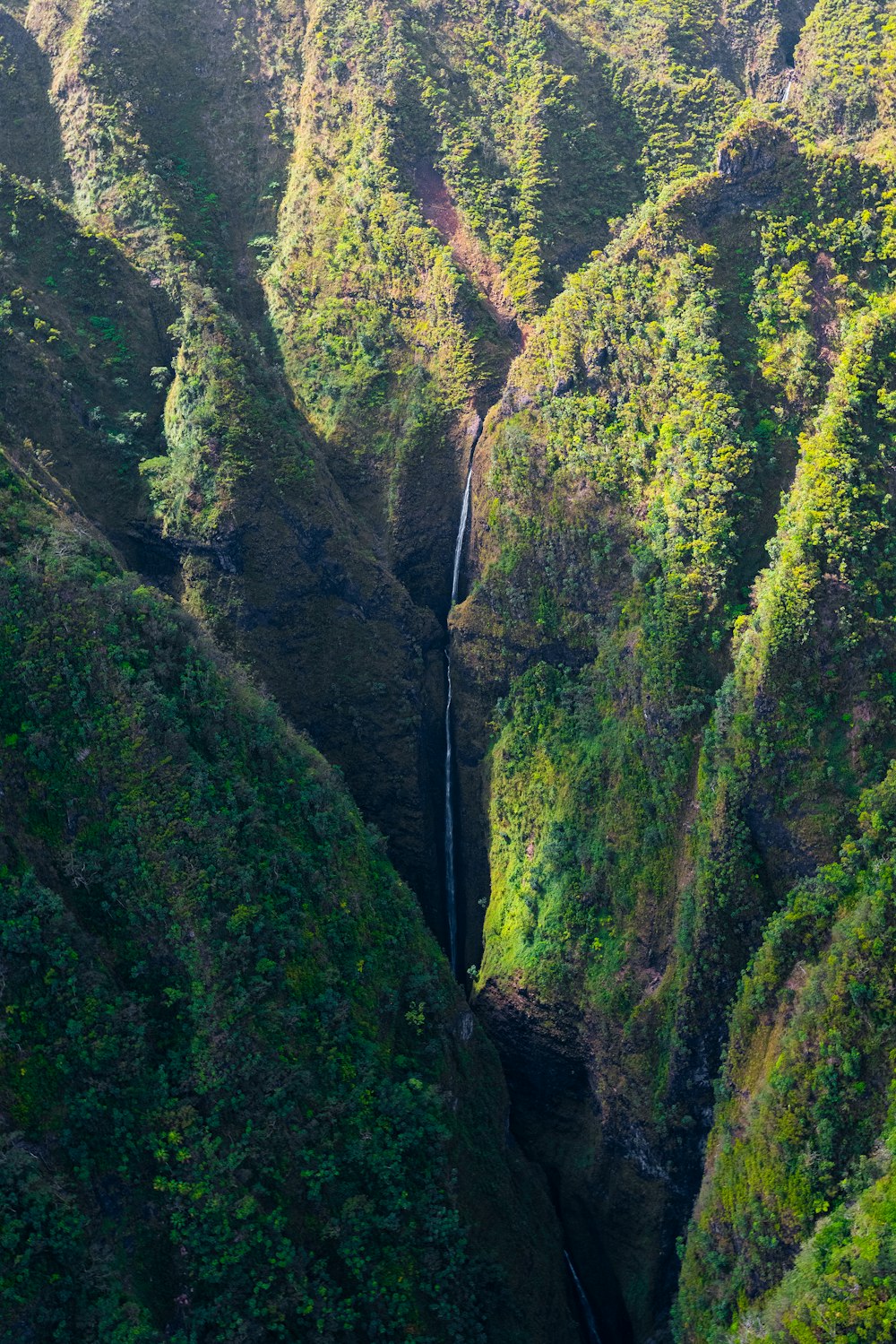 a waterfall in the middle of a lush green valley