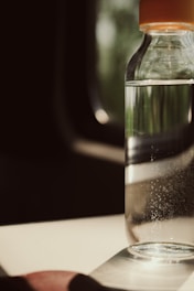 A clear glass bottle filled with water and small air bubbles is positioned on a flat surface. The background appears blurred with soft, natural light creating reflections on the bottle's surface. The scene is serene, with an earthy color palette and subtle shadows.