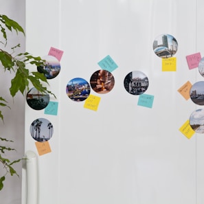 A refrigerator door is decorated with circular travel photos and colorful sticky notes. The images depict scenes from various locations, while the notes label each place with handwritten text. A green potted plant partially frames the left side of the image.