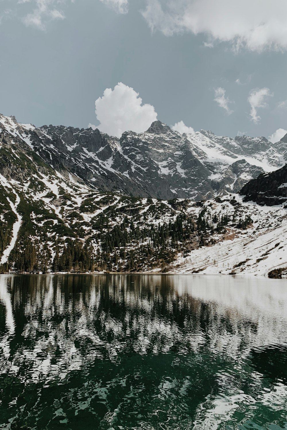 a lake surrounded by snow covered mountains under a cloudy sky