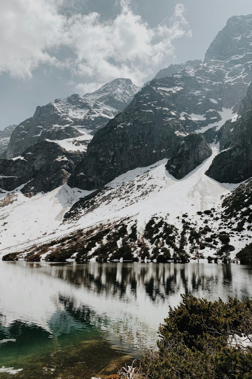 Un lago rodeado de montañas cubiertas de nieve bajo un cielo nublado