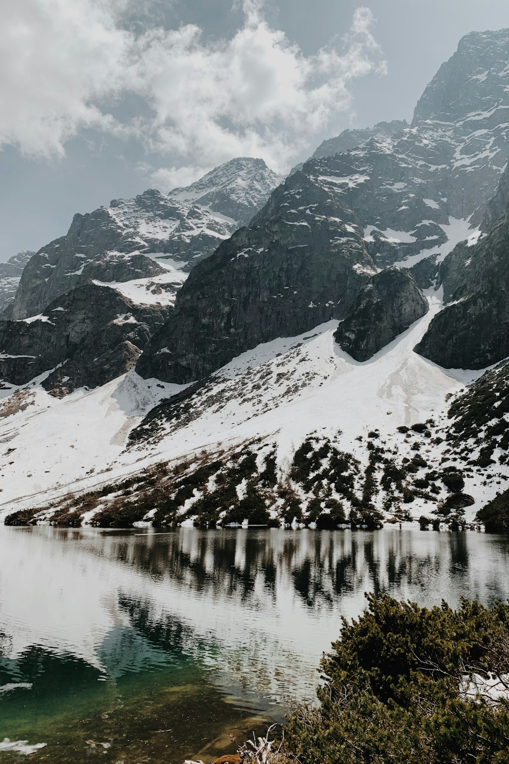 a lake surrounded by snow covered mountains under a cloudy sky