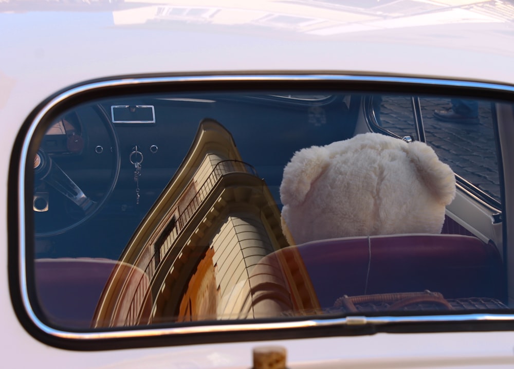 a white teddy bear sitting in the passenger seat of a car