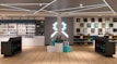 A modern retail store interior featuring shelves stocked with various merchandise including toys, figurines, and colorful boxes. The design includes sleek black counters with a gaming-themed logo, illuminated geometric light fixtures on the ceiling, and wooden flooring. Artwork and apparel are displayed on the walls, providing a vibrant and organized shopping environment.