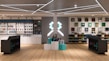 A modern retail store interior featuring shelves stocked with various merchandise including toys, figurines, and colorful boxes. The design includes sleek black counters with a gaming-themed logo, illuminated geometric light fixtures on the ceiling, and wooden flooring. Artwork and apparel are displayed on the walls, providing a vibrant and organized shopping environment.