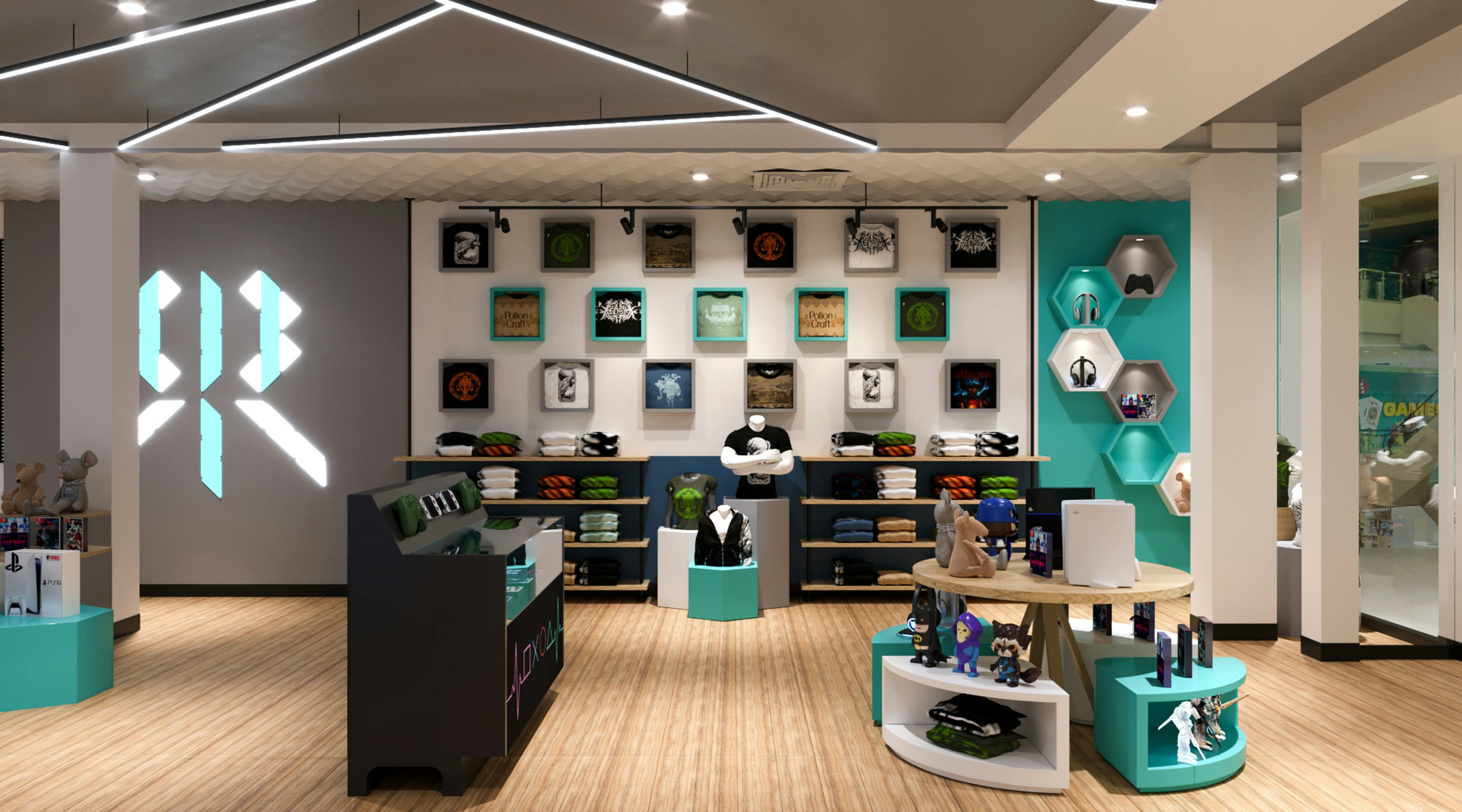 Modern gaming store interior showcasing premium gaming laptops and accessories with professional lighting