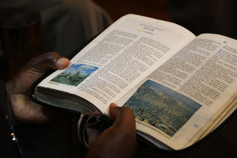 A person is holding an open book with text and colorful images on the pages. The book appears to be a religious or spiritual text, as indicated by the chapter title 'PETER'. The person is gripping the book gently with both hands.