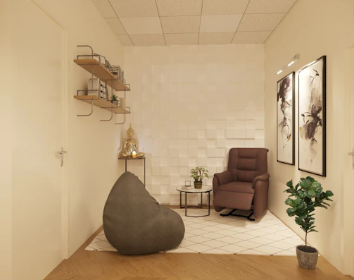 Minimalist room featuring a large neutral-toned rug complementing simple furniture.