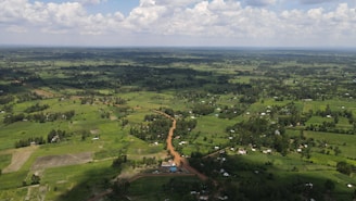 A peaceful view of green plots and farmhouses under a clear blue sky in Jhajjar.