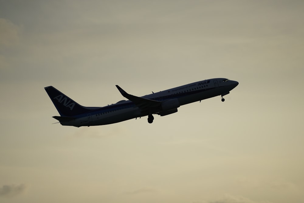 Un gran avión de pasajeros volando a través de un cielo nublado