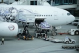 The image depicts an airplane on the tarmac at an airport with ground crew members working around it. The aircraft has elaborate black and white illustrations of animated characters on the fuselage. Cargo or luggage is being loaded into the airplane via specialized equipment, while ground personnel wearing safety gear are managing the process.