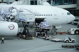 The image depicts an airplane on the tarmac at an airport with ground crew members working around it. The aircraft has elaborate black and white illustrations of animated characters on the fuselage. Cargo or luggage is being loaded into the airplane via specialized equipment, while ground personnel wearing safety gear are managing the process.