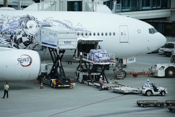 The image depicts an airplane on the tarmac at an airport with ground crew members working around it. The aircraft has elaborate black and white illustrations of animated characters on the fuselage. Cargo or luggage is being loaded into the airplane via specialized equipment, while ground personnel wearing safety gear are managing the process.